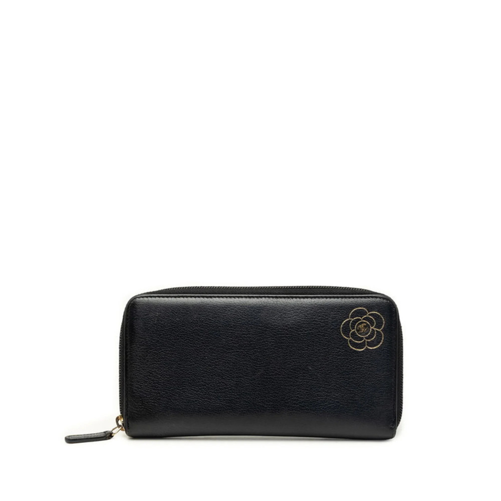 Chanel Camellia Coco Mark Round Zipper Long Wallet A46506 Black Gold Leather ...